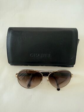 CHANEL Gold Frame Sunglasses with Brown Gradient Lenses and Black Case